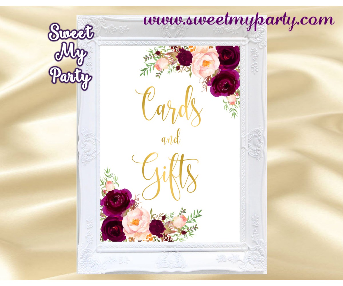 Burgundy Cards and gifts sign, Gold cards and gifts sign, (20w)